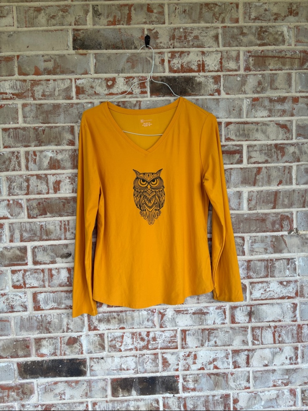 No Boundaries Mustard Yellow Owl Long Sleeved‎ V-neck T-shirt